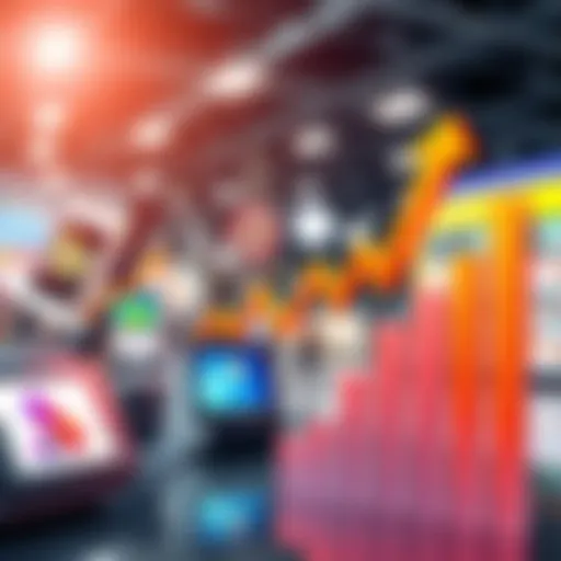 A graphic showing various trending products and sales statistics with arrows indicating growth and decline.