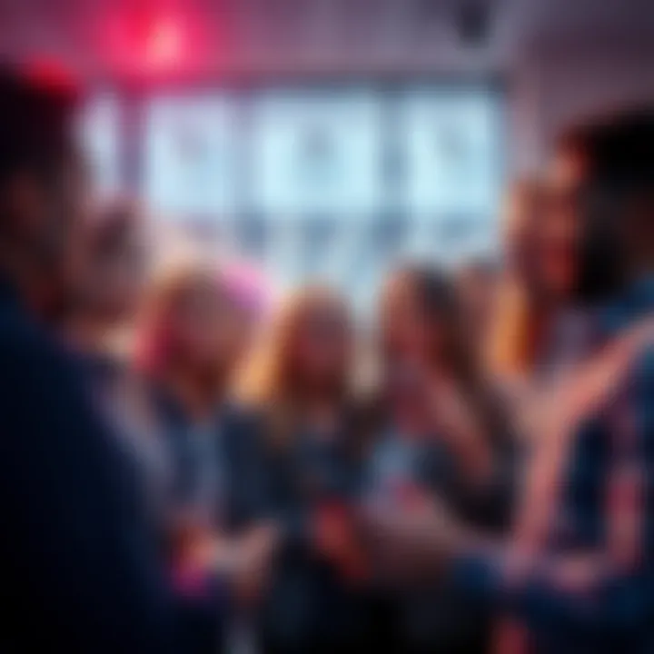 A group of diverse people discussing trends and feelings in a modern setting, showcasing engagement and interest.