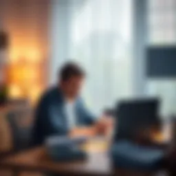 A frustrated customer sits at a desk with a laptop, looking at a blocked account screen, papers scattered around, indicating issues with money transfer.
