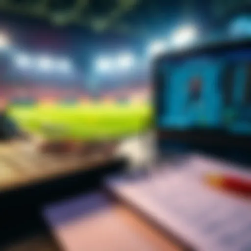 A sports betting scene with tips and strategies on a notepad and a laptop, showcasing excitement for upcoming games.