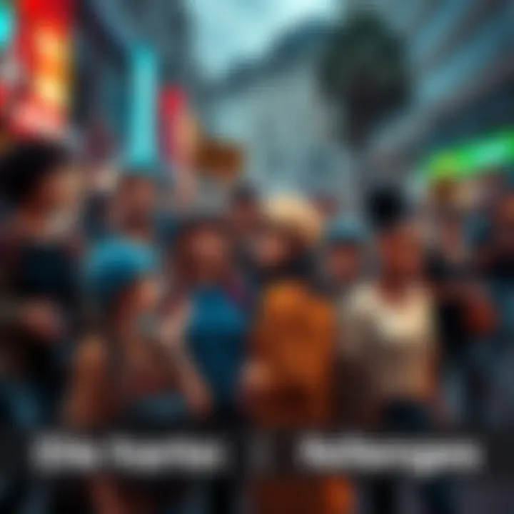 A group of diverse people facing various challenges in a city setting, representing the struggles of everyday life.