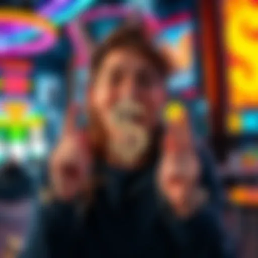 A person celebrating a small lottery win with a dollar sign and casino background