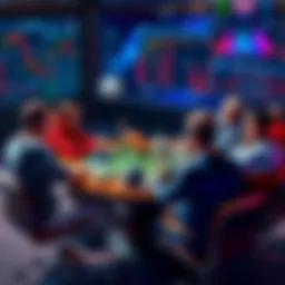 A group of people sharing sports betting tips and strategies at a round table with sports equipment around them.