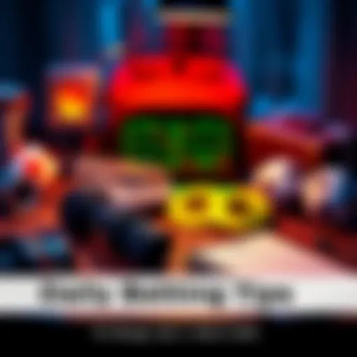 A collection of betting tips and strategies on a desk with sports equipment and a notebook.