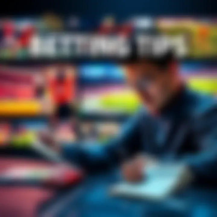 A person studying betting tips on a notebook with sports images in the background