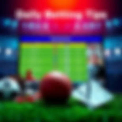 A collection of betting tips on a digital screen surrounded by sports items like a football and a betting slip