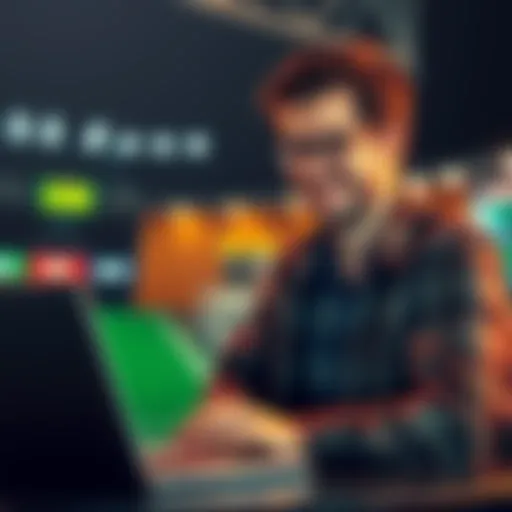 A person reviewing betting strategies and tips on a laptop with a happy expression