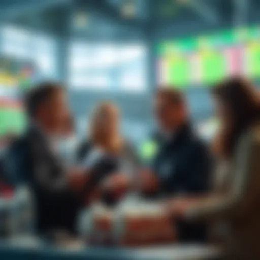 A sports betting scene with people reviewing a betting guide and placing wagers