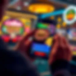 A person holding a smartphone displaying a casino game with bonus notifications