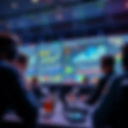 A group of people discussing esports betting strategies with charts and gaming graphics on the screen