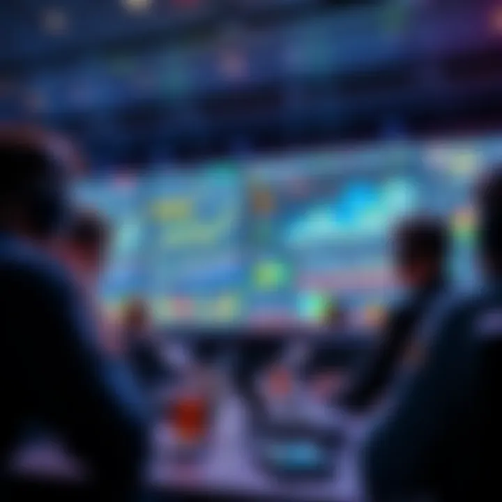 A group of people discussing esports betting strategies with charts and gaming graphics on the screen