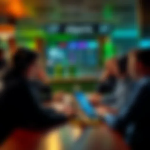 A group of people discussing eSports betting strategies with laptops and notebooks at a modern cafe