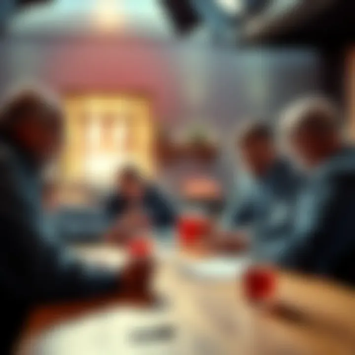 A group of people discussing football betting tips at a table with notes and drinks.