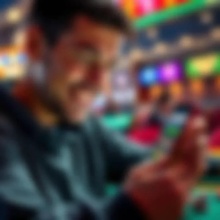 Daily Gambling Tips A person smiling while looking at a smartphone with charts and games displayed, symbolizing gambling strategies.