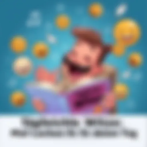 A cartoon character laughing while reading a joke book surrounded by funny icons like smiley faces and comedy masks