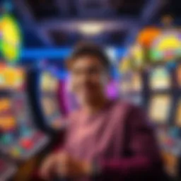 A person smiling while playing online slots with daily login bonuses and colorful slot machines in the background