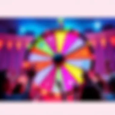 A colorful prize wheel with various sections for different prizes, featuring excited participants ready to spin it.