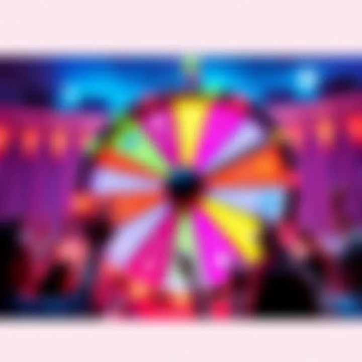 A colorful prize wheel with various sections for different prizes, featuring excited participants ready to spin it.