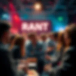 People engaged in conversation and expressing opinions in a lively forum setting