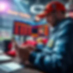 A sports betting scene showing a person analyzing odds on a smartphone with betting slips and sports paraphernalia around.