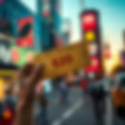 A person excitedly holding a daily Turbo Ticket worth $20, with a background of a vibrant city scene.