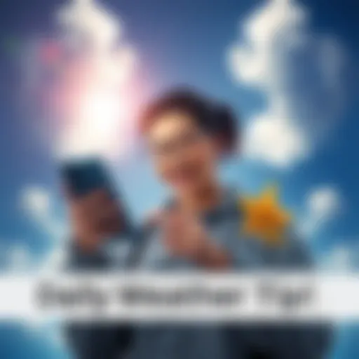 A person looking at a weather forecast on a phone, smiling with excitement, surrounded by sunny skies and a good luck charm.