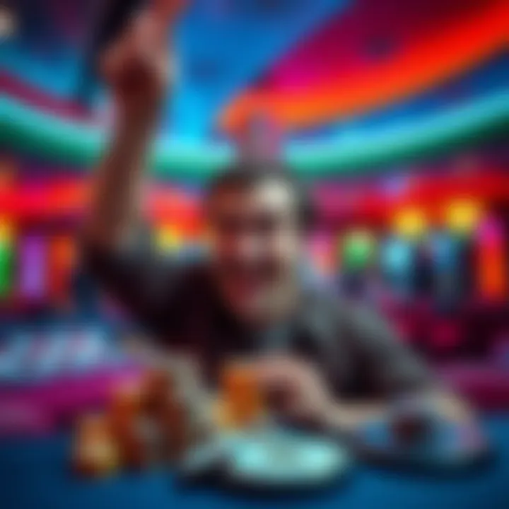 A person celebrating a win at a casino with chips and a smile.