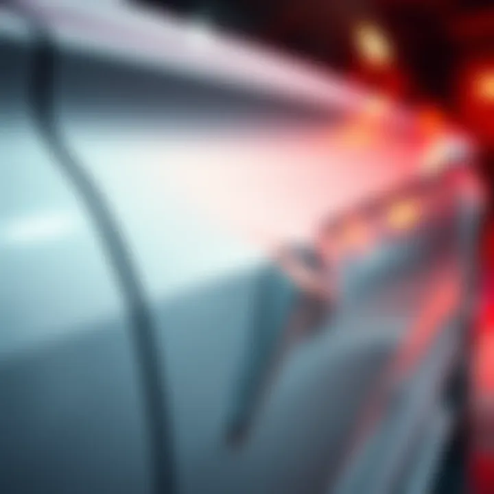 A close-up of a new car with a noticeable dent on the side, showing the frustration of the owner.