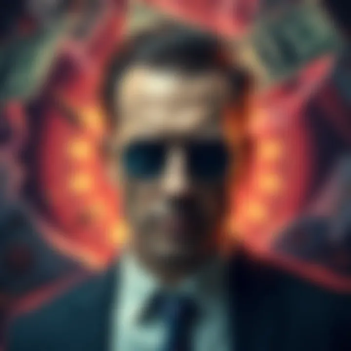 A dynamic portrayal of Danny Dollar surrounded by symbols of success and scandal