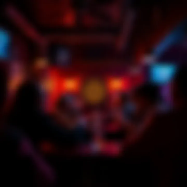 A group of people playing darts in a lively pub setting with dim lights and vibrant atmosphere