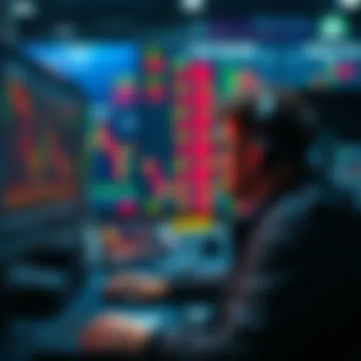 A focused person analyzing stock charts and data on a computer screen, reflecting on the risks of trading patterns and gambling.