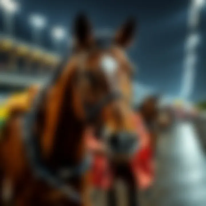 Dazzle d'Oro, a racehorse, being led away from the track after a sudden withdrawal from the race, showing a somber atmosphere.