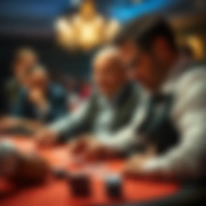 A dealer at a poker table observing a player closely for signs of cheating, with other players in the background focused on their cards.