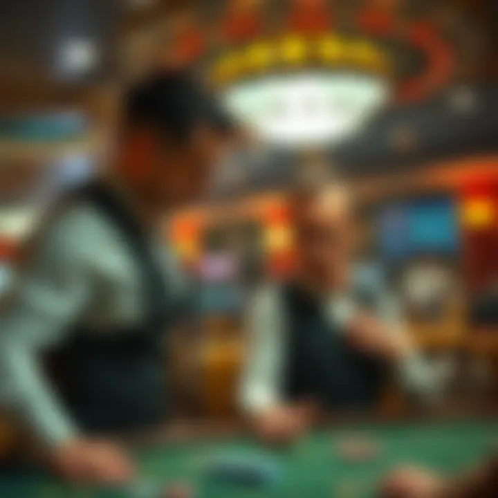 A casino dealer standing at a table, leaning towards a concerned player who appears anxious about placing a larger bet.