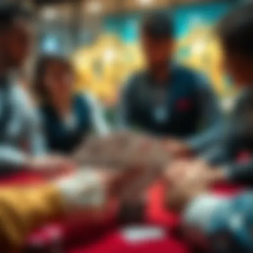 A casino dealer revealing cards on a table while players discuss strategy.