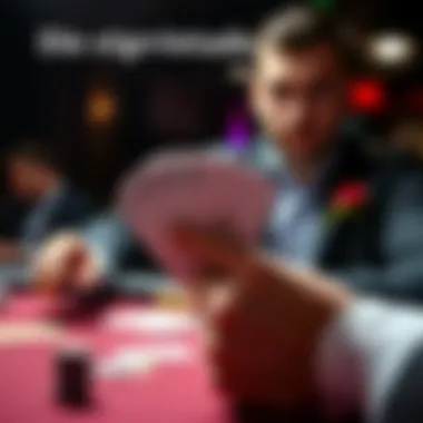 A dealer showing a hand of cards while a player requests specific cards for a game. The atmosphere is tense, with anticipation in the air.