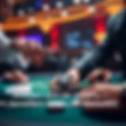 A dealer reaching for a player's poker chip during a tense moment at a tournament table