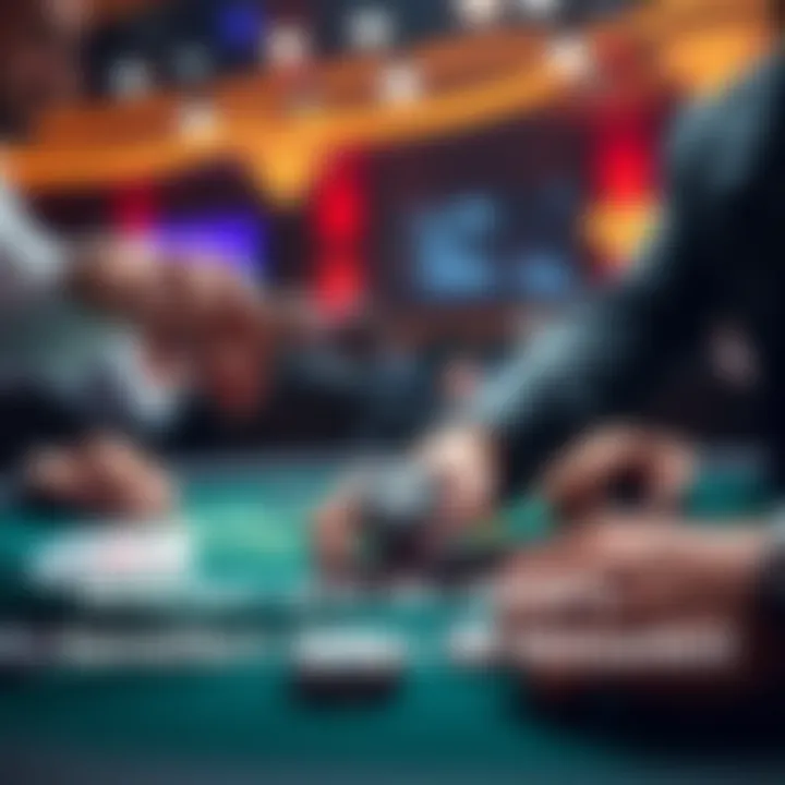 A dealer reaching for a player's poker chip during a tense moment at a tournament table