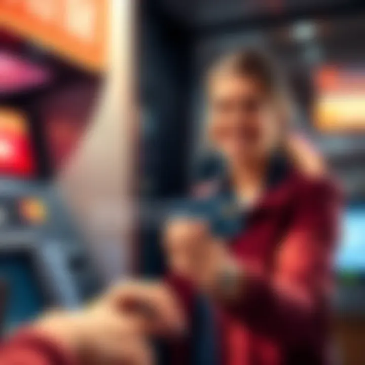 Person holding a debit card and smiling after successfully withdrawing cash from an ATM
