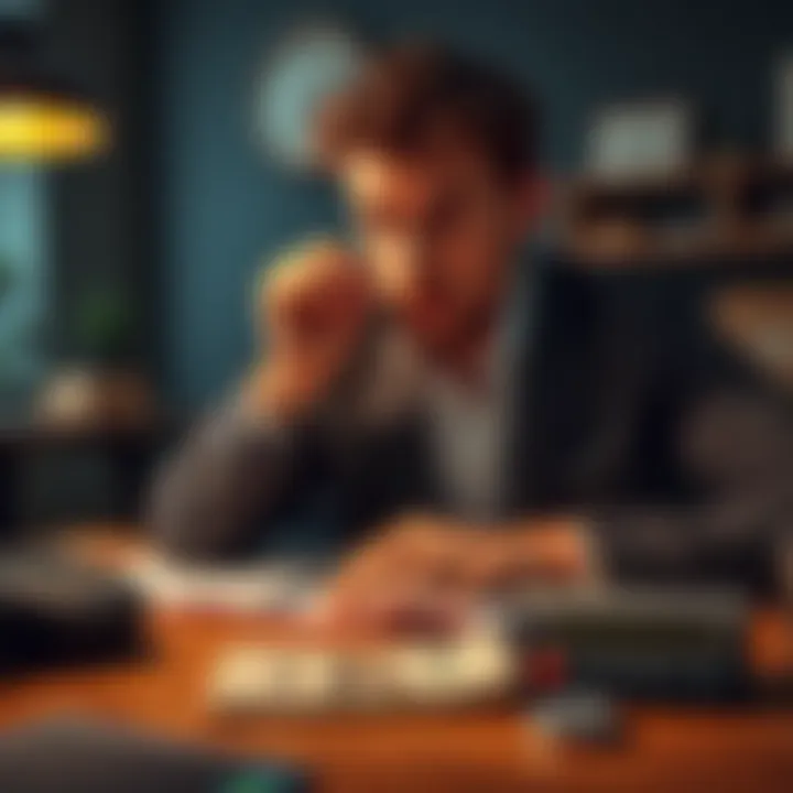 A person contemplating money withdrawal, with a calculator and cash on the table.