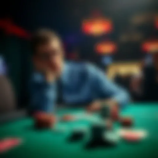 A person sitting at a gaming table, pondering whether to cash out or keep playing, with chips and cards in front of them.