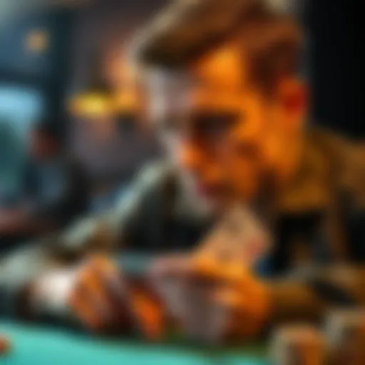 A player contemplating whether to fold or continue in a card game, with focused expression and cards in hand.