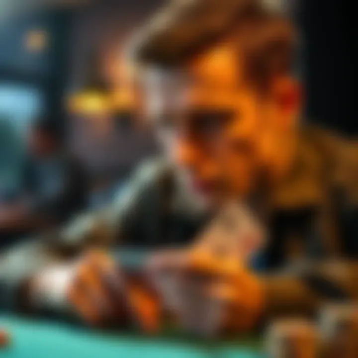 A player contemplating whether to fold or continue in a card game, with focused expression and cards in hand.