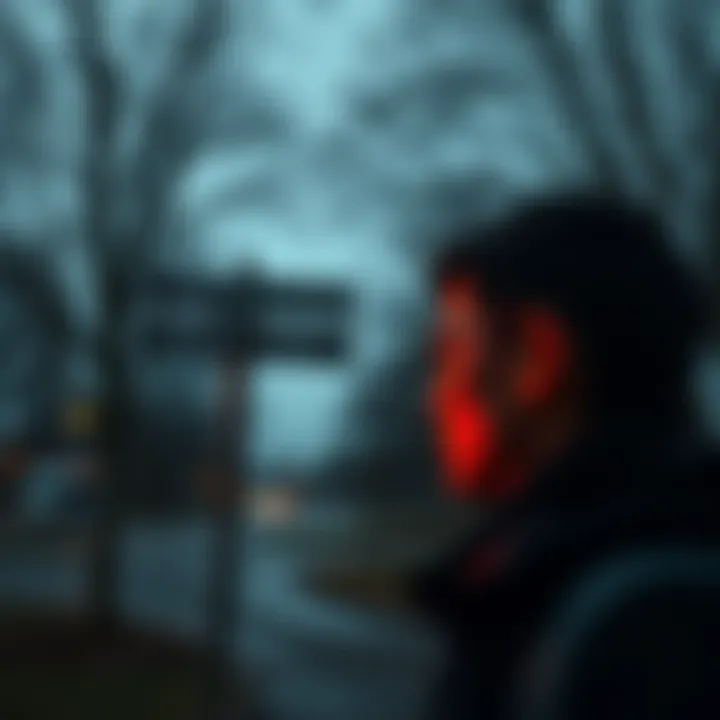 A person looking at a crossroads sign with multiple direction options, symbolizing choices and uncertainty.
