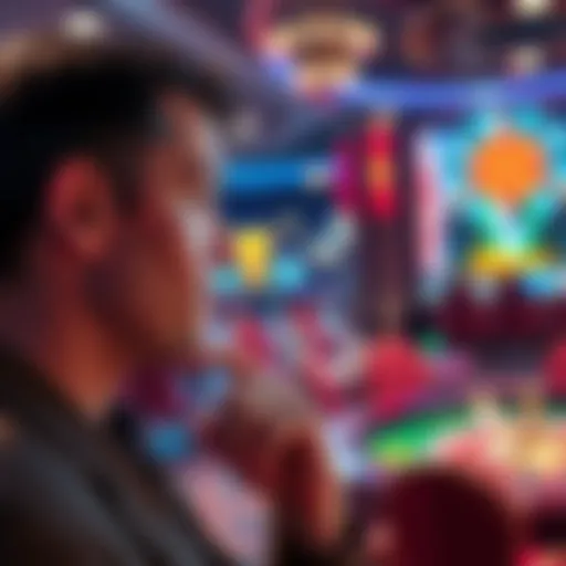 A person contemplating whether to cash out their winnings or continue playing, with a casino background in view.
