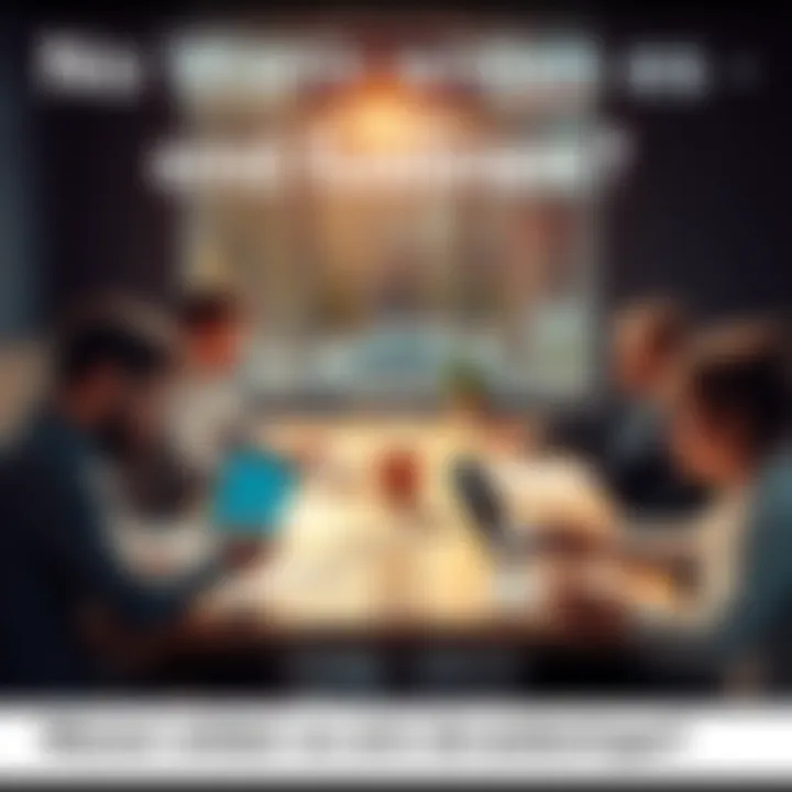 A group of people discussing a decision around a table with papers and laptops.