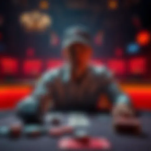 A person sitting at a table with dice and cards, contemplating a risky decision in a game setting.