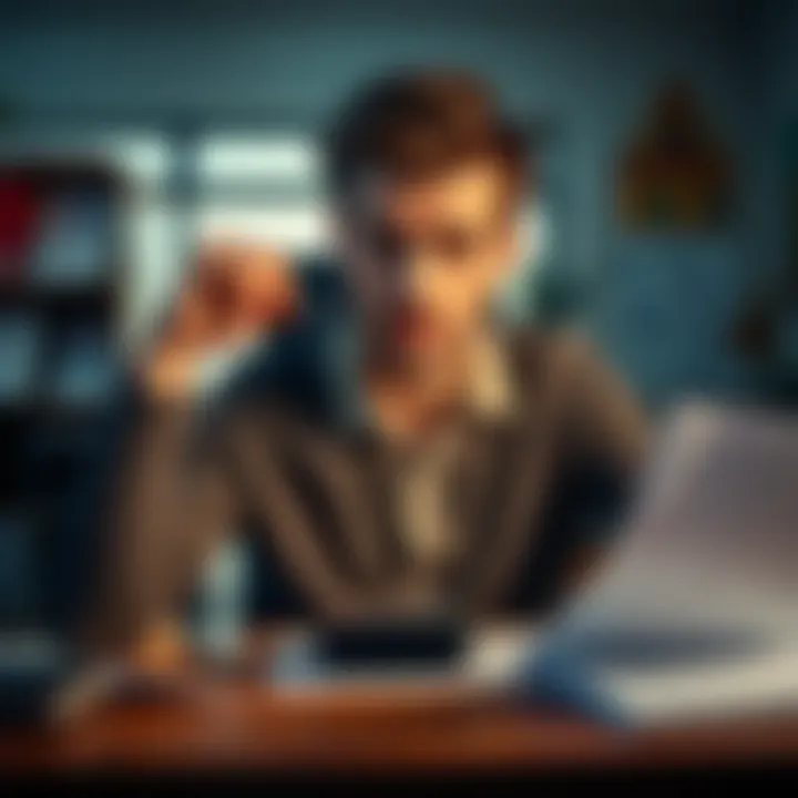 A person weighing options between cash and savings, looking thoughtful at a desk with a calculator and documents.