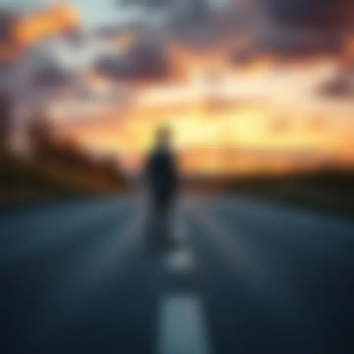 Decision point on a road A person standing at a fork in the road, contemplating whether to continue straight or take a different path, symbolizing important choices.