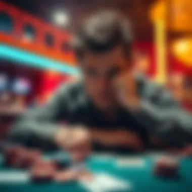 Decision time in a game A person contemplating whether to cash out or continue playing a game, with game chips and cards on the table